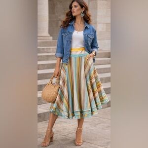 NWT Anthropologie Odille Striped Silk Blend Teal Yellow Flirty Boho Skirt‎